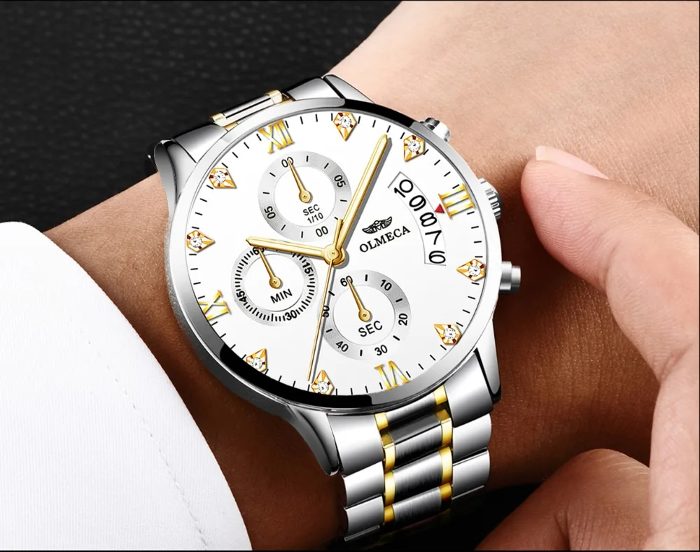 OLMECA мужские часы Роскошные модные наручные часы из нержавеющей стали военные алмазные большие циферблат белые часы Relogio Masculino