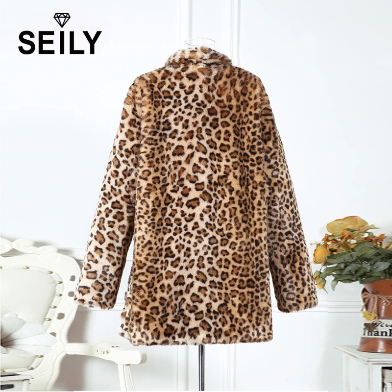 Seily Winter Plus Size Warm Furry Faux Fur Jacket Fake Natural Leopard Rabbit Fur Plush Coat Women Turn Down Collar Outwear 4XL
