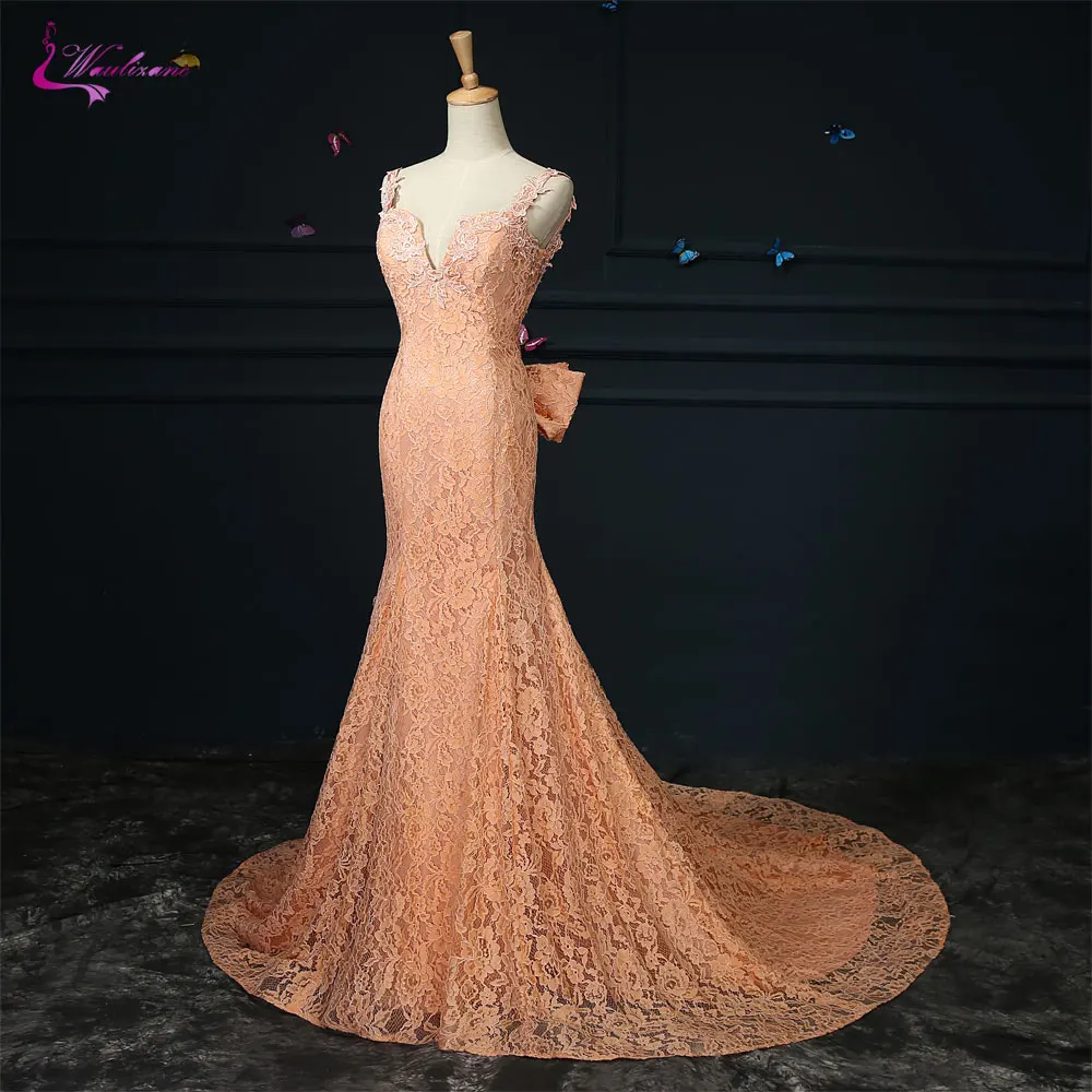 

Waulizane Contrast Color V-Neck Evening Dresses Delicate Appliques Lace Backless Bowed Sashes Sleeveless Prom Dresses