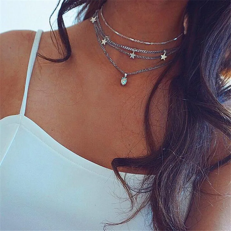 

Boho Multi-Layer Star Oval Stone Pendant Necklace For Girl Silver Color Necklace Birthday Party Gift