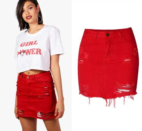 Для женщин Высокая талия короткая джинсовая юбка посылка узкие джинсы юбка женская мода нерегулярные рваные кисточкой Красный летняя юбка D155