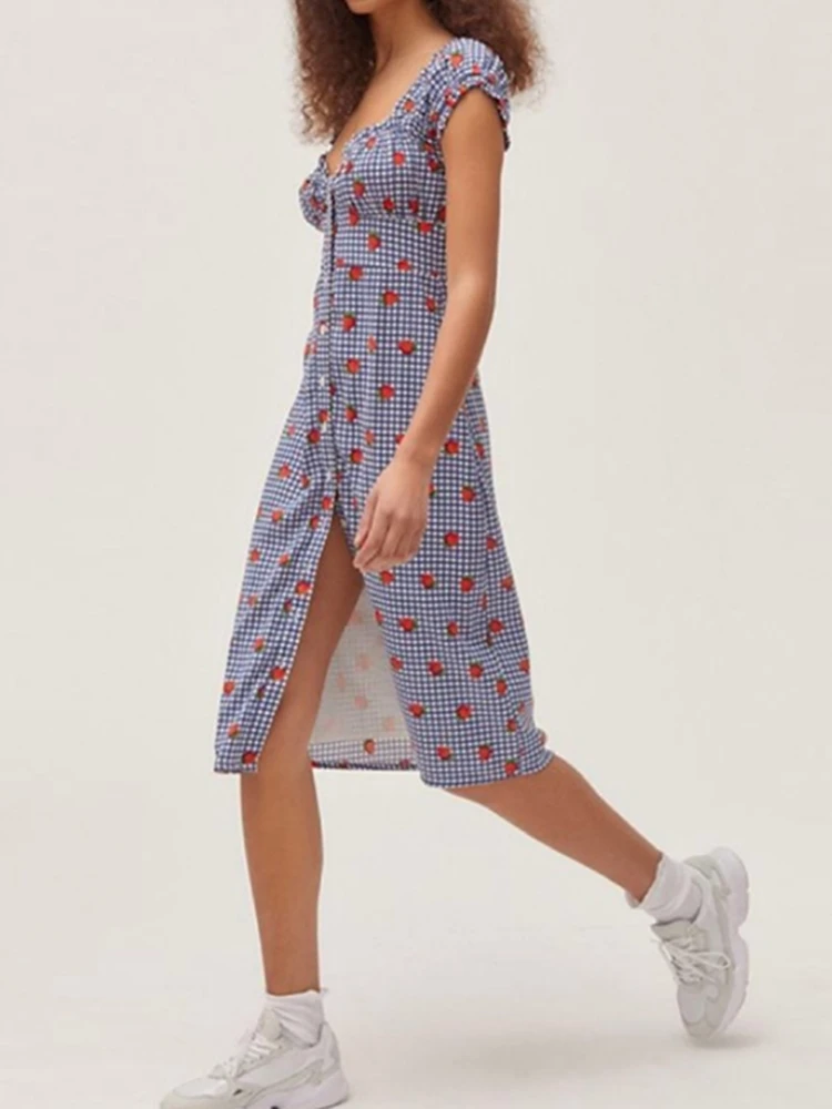 

2019 Summer Women Midi Dress Ladies Dress French Retro style strawberry print plaid dresses Sweet holiday Casual