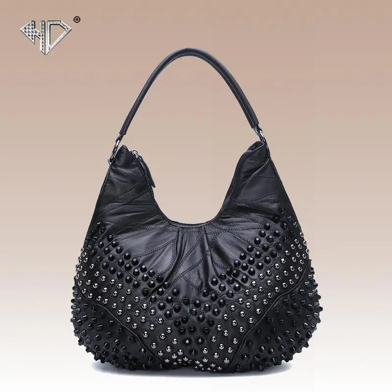 Fashion genuine font b leather b font sheepskin women s black font b handbag b font