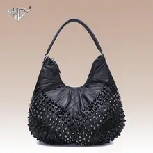 La moda de cuero genuino mujeres de piel de oveja negro del bolso del remache Punky del estilo de las mujeres hobos bolso de hombro de la capacidad grande