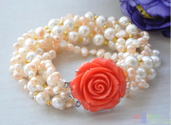 

Hot sell Noble- P4487 7row 8" 8mm ROUND white shell pink baroque PEARL bracelet @^Noble style Natural Fine jewe SHIPPING new >>f
