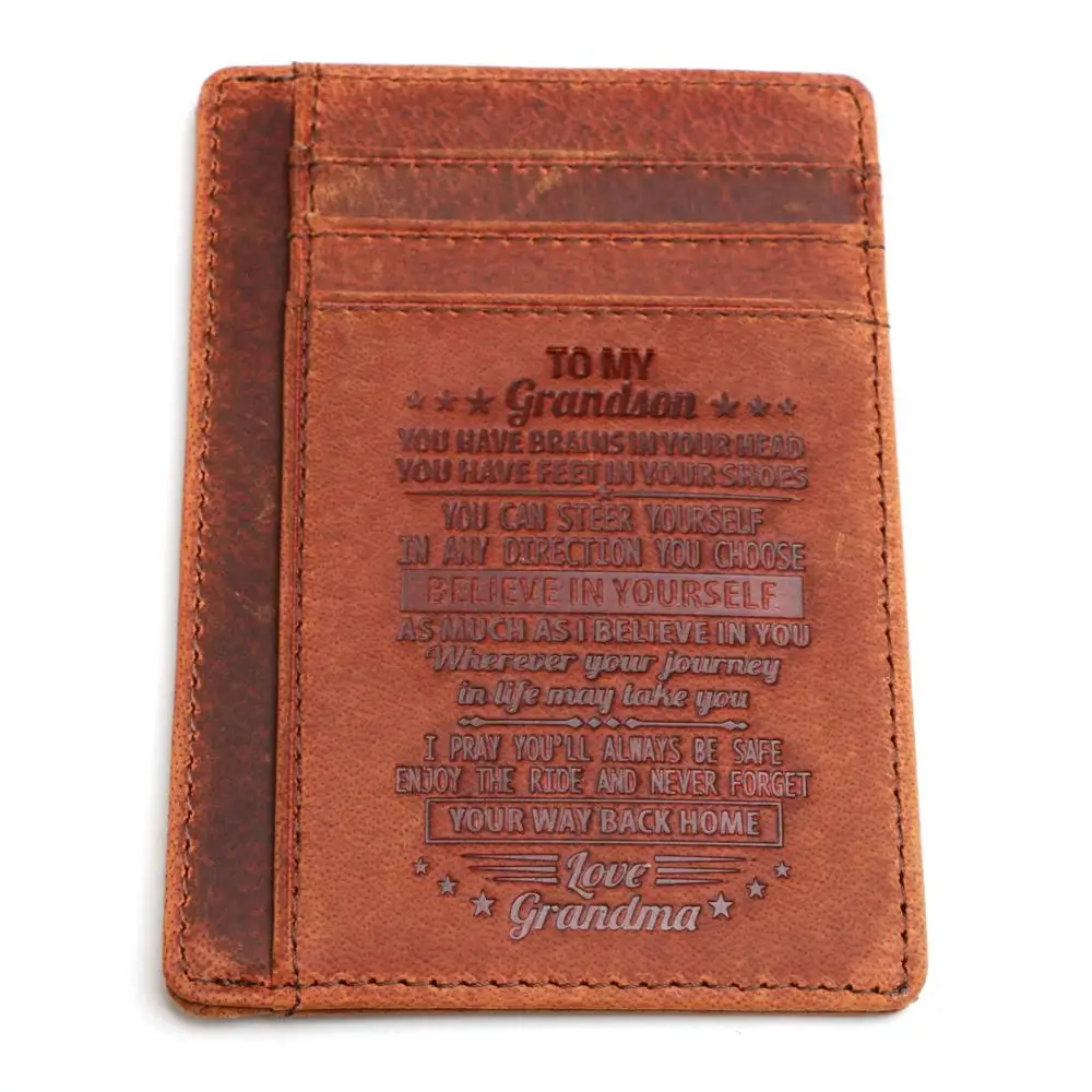 

"Grandma to Grandson"Leather Card Wallet,Minimalist Front Pocket Card Holder Gift for Birthday,Graduation,Christmas Day