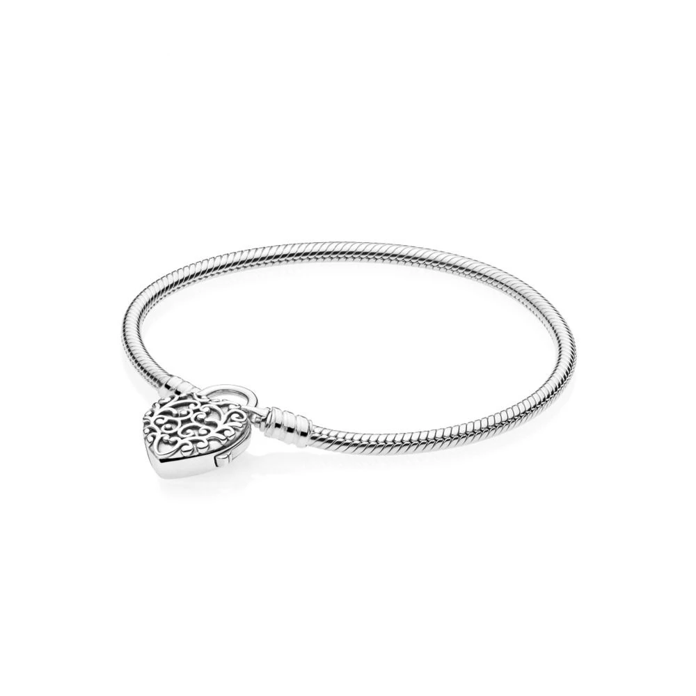 

Authentic 925 Sterling Silver Original Smooth Pandora Bracelet With Regal Heart Padlock Clasp Fit Women Bangle Charm Diy Jewelry