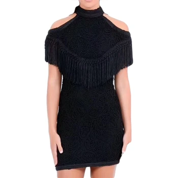 

2020 Women New Arrival Black White Floral Lace Patchwork Cocktail Party Dress Sleeveless Tassel Vestidos Mini Bandage Dress