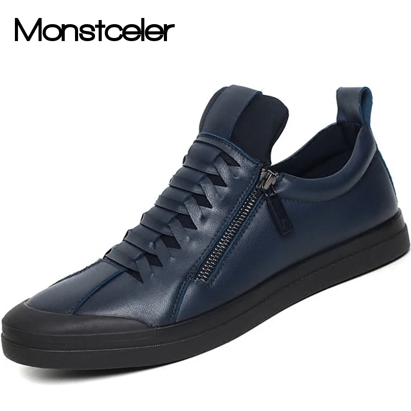 2016 Fashion Men Casual Genuine Leather Shoes Handmade Side Zip Men's