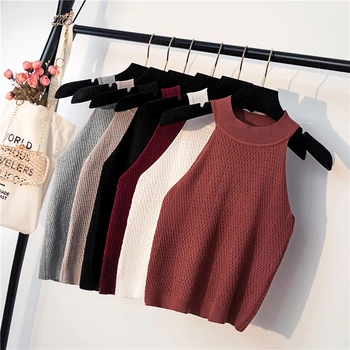 

Summer Women's Knitting Halter Off-shoulder Tank Crop Tops Female Bodycon Knitted Camisole Sleeveless Short Tee shirts For Women