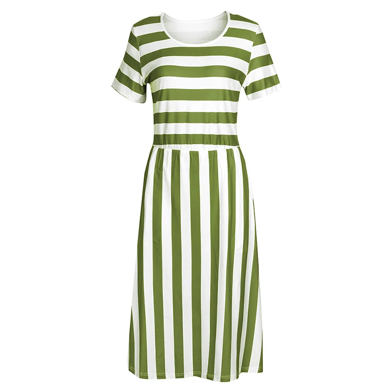 Red Black A Line Casual Dresses Women Summer Dress Short Sleeve Striped Midi Dress O Neck Pocket Summer Holiday Dresses