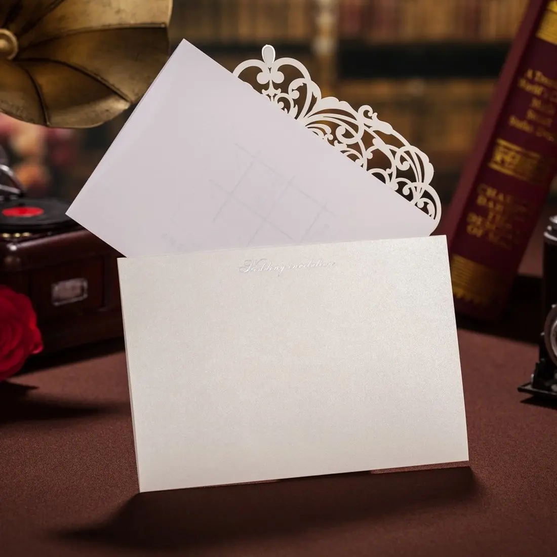  20Pcs Red & White Laser Cut Wedding Invites Set Blank Invitation Pocket with Envelope for Wedding E - 32989349784