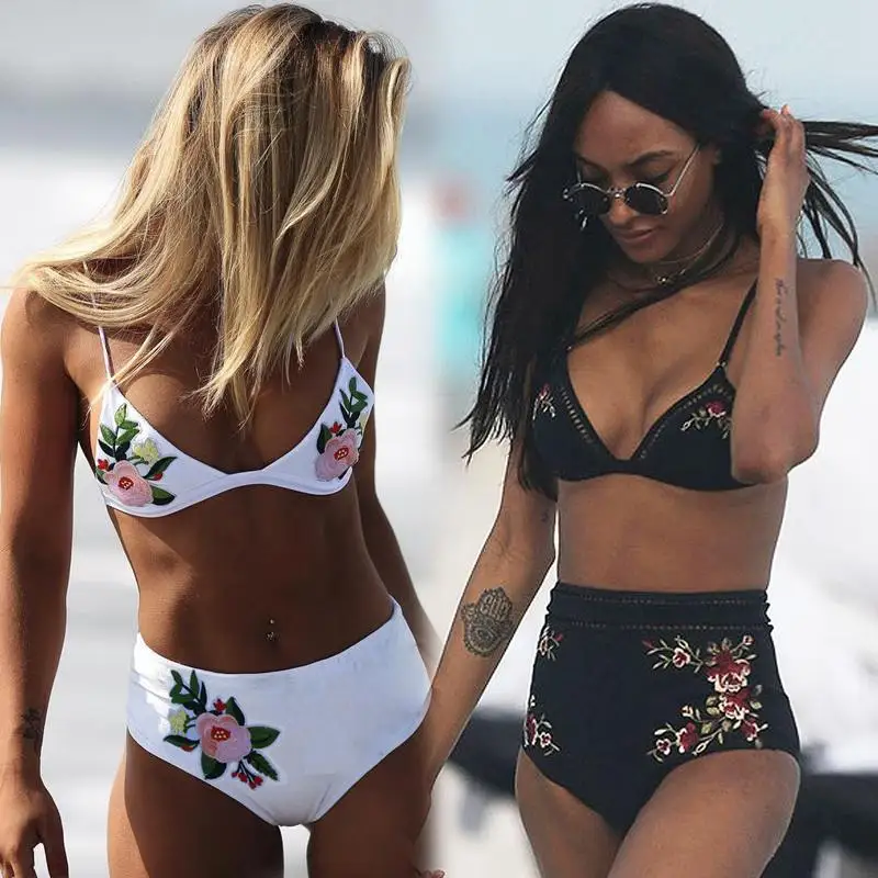 

Sexy Black Bikini Set Women Embroidery Flower Swimsuits 2018 Summer High Waist Brazilian Bikini Women Two-piece Swimming Suits