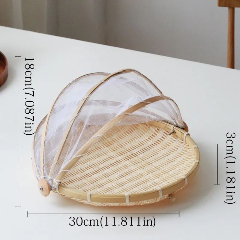 Бамбуковая плетеная корзина ручной работы с защитой от насекомых, Пылезащитная Корзина для пикника, фруктовый поднос, пищевые блюда для хлеба, крышка с марлевым окошком - Цвет: Round30cm