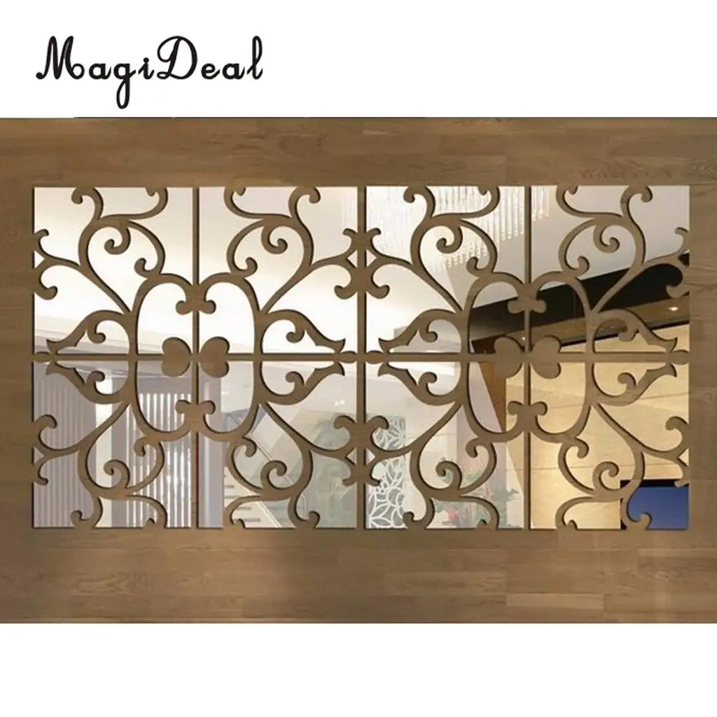 3D Acrylic Mirror Decal Sticker Stitched Wall Panels Home Decoration 8x8inch, Silver/Black/Gold
