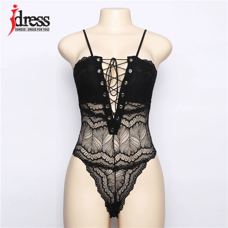 

IDress Women Sexy Lace Skinny Bodysuit Femme Hollow Out Black White Lace Up Jumpsuit Romper Body Feminino Overalls Playsuit