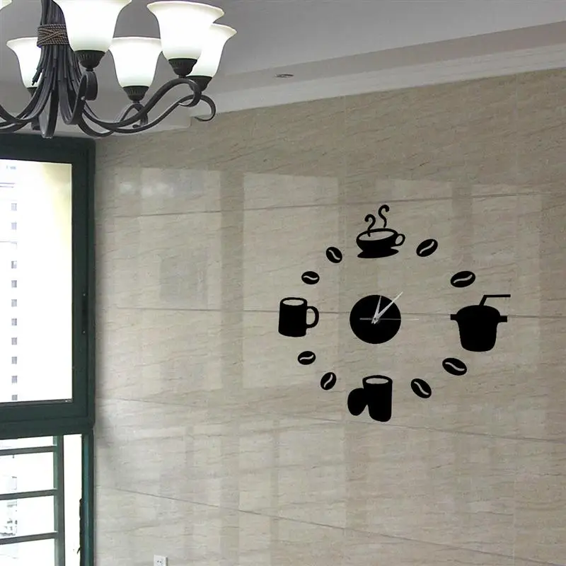 

DIY Modern Home Decoration Large Coffee Cup Decal Kitchen Wall Clocks Silent Watch Decals (Black)