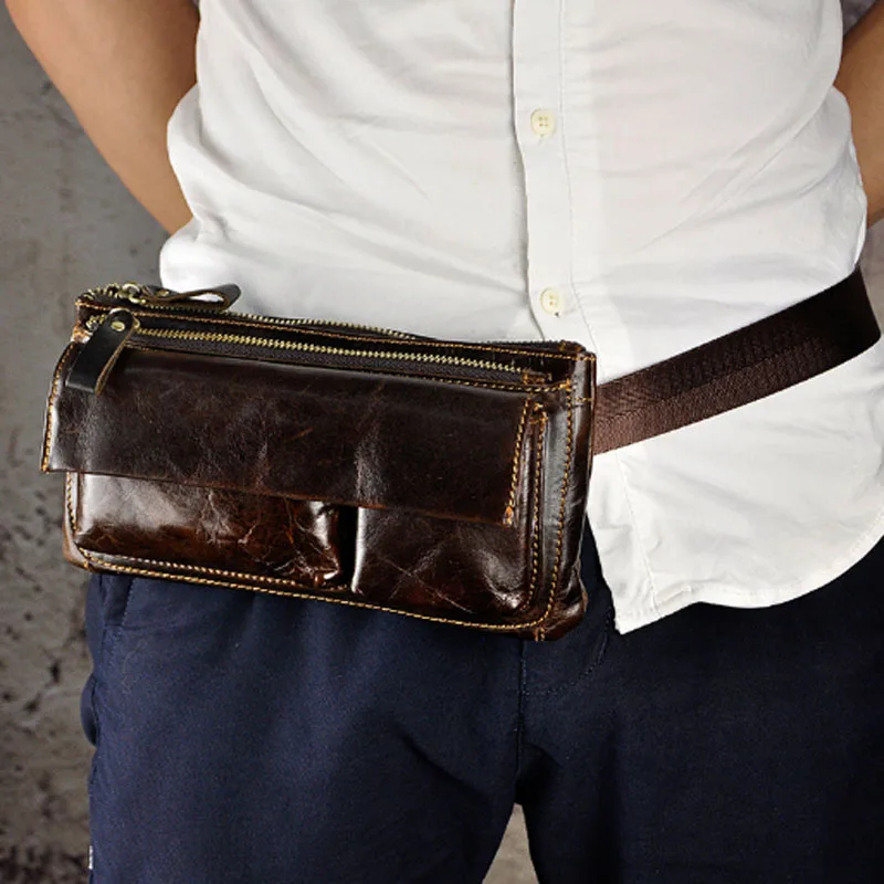 Cera de Óleo do Couro Pacote de Cintura para Homens Bolsa de Embreagem Homens Real Fanny Peito Cinto Bolsa Multi-purpose Viagem Casual Masculino Bolsas Hip