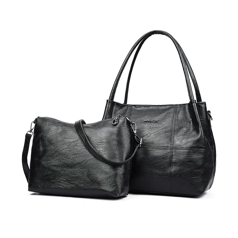 2 pc/s النساء حقائب يد جلدية عالية الجودة Sac المحافظ و حقائب 2019 الإناث الجلود حقيبة كتف خمر الأعلى مقبض حقيبة