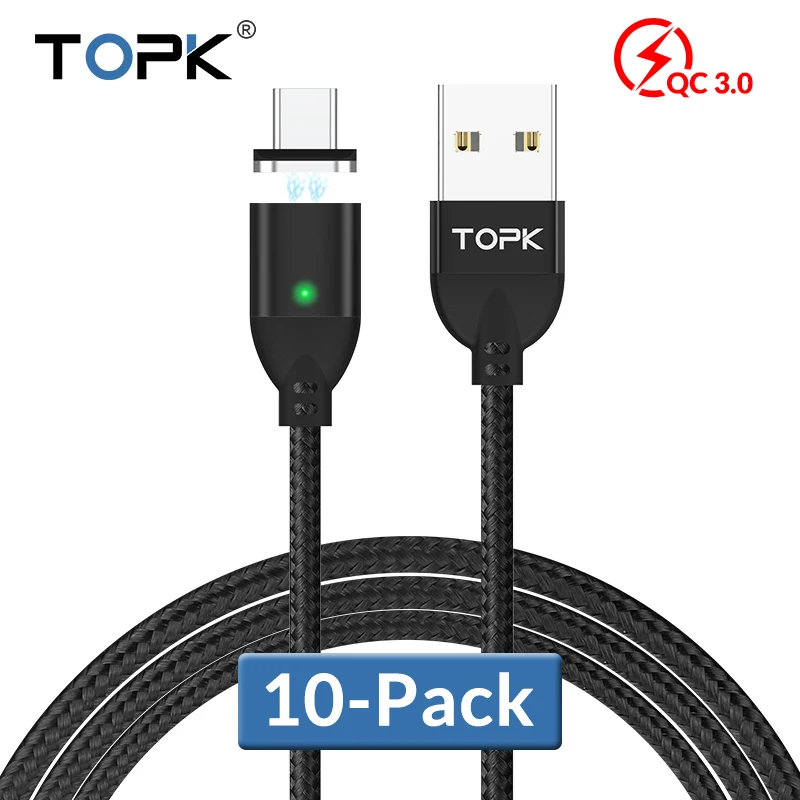 

TOPK [ 10-Pack ]1M 3A Fast Charging Magnetic Micro USB Cable for Samsung s6 s4 Note 6 5 For Xiaomi 4X Note 4 For Huawei P8 Lite