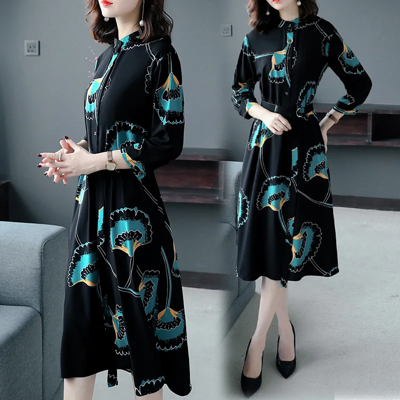 

2019 Summer High quality Real Silk Dress Women Elegant Black Calla Lily Print Shirt Dress Loose Plus Size With Belt Vestidos