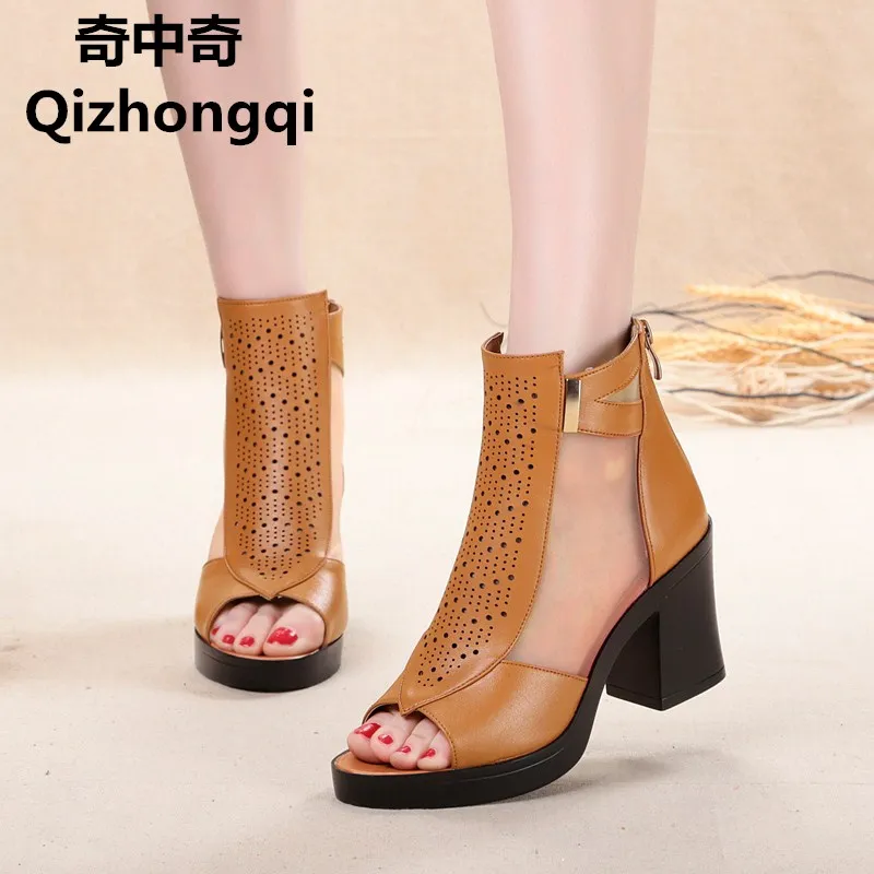

Women's genuine leather sandals summer 2017 cowhide high-heeled shoes women fish mouth hollow net shoes designer sandals women