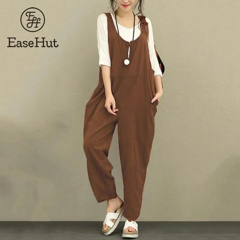 EaseHut Retro Cotton Linen Rompers Womens Jumpsuits 2018 Female Backless Overalls Playsuit Plus Size Pantalon Palazzo macacao 