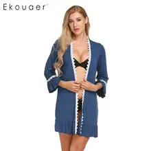 Ekouaer Для женщин пижамы Халаты открытой передней Lace-trimmed ночные рубашки с длинным рукавом кимоно Халаты Ночное Ванная комната спа Robe