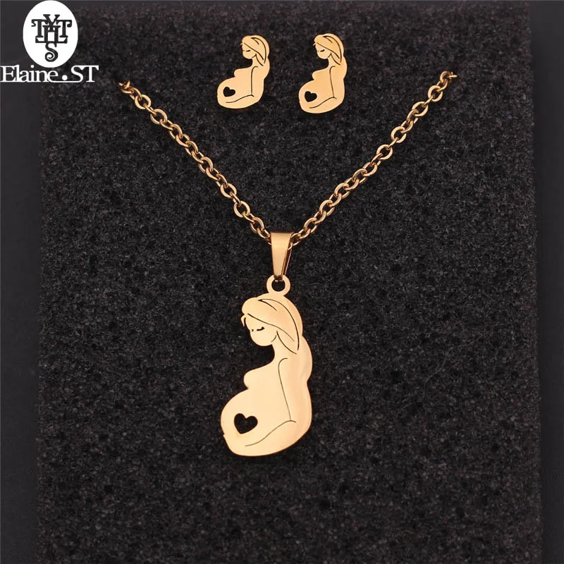 

Thanks Giving Gift For Mother Necklace Pregnant Women Earrings Set Stainless Steel Gold Color Chain For Mother's Day Gift