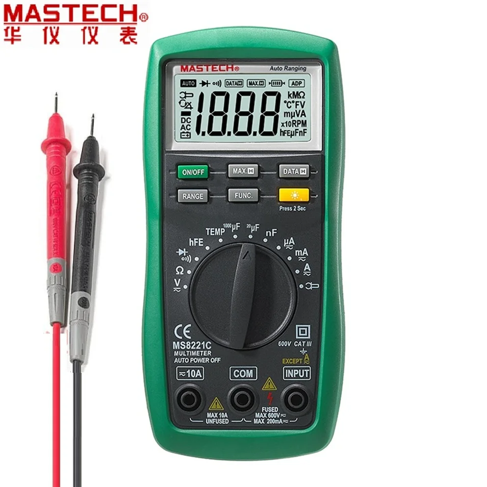 

Mastech MS8221C Digital Autorange Multimeter AC/DC Voltage Current DMM Temperature Capacitance hFE Tecrep Tester Diagnostic-tool