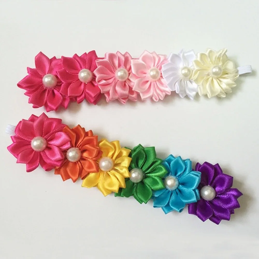 

New Fashion Hot Sale Baby girls hair accessories Candy Color Six Flower Baby Headband mix ribbon flower elastic headband