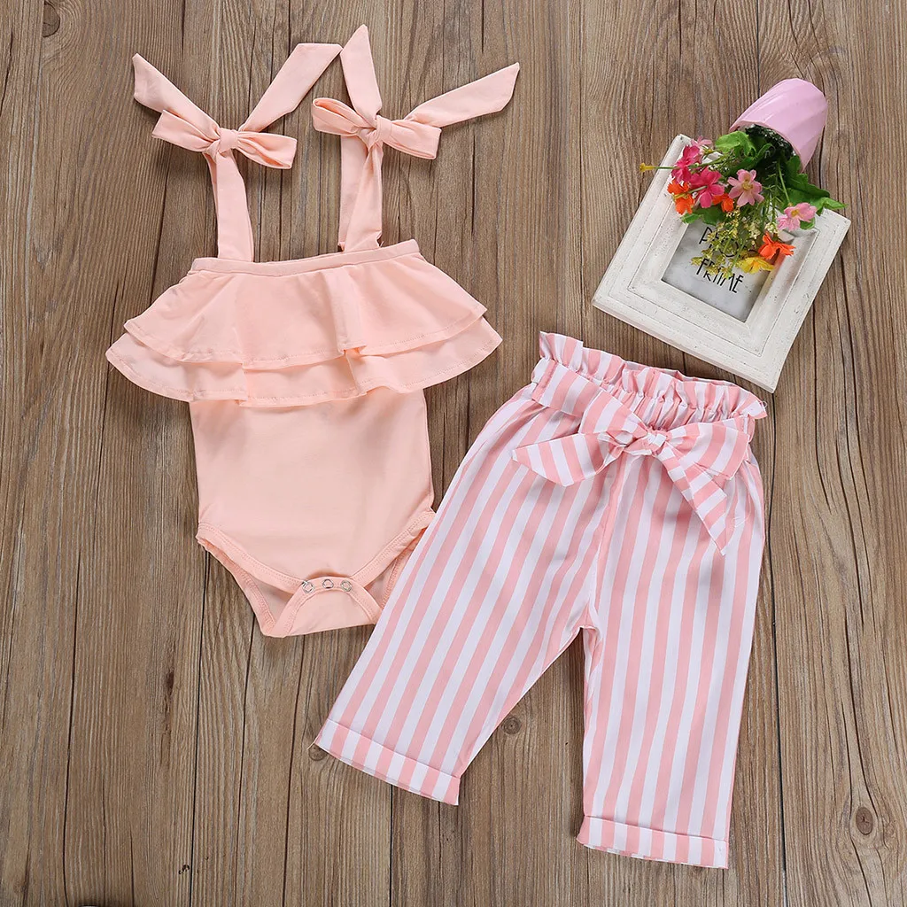Newborn Kids Baby Girls Outfits Off Shoulder Romper Jumpsuit+Stripe Pants Set |