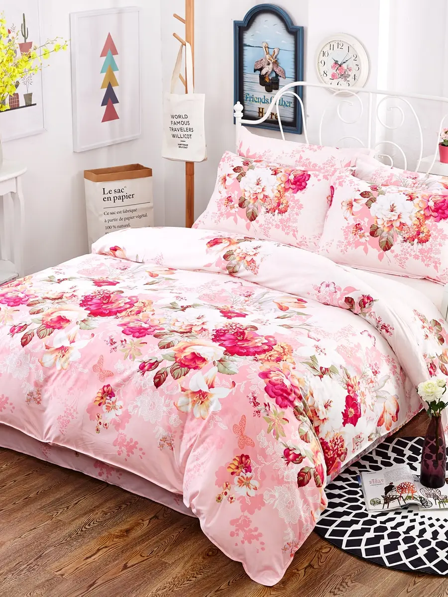 

4 Pcs Duvet Cover Set Pastoral Style Flower Fresh Style Bed Sheet Set
