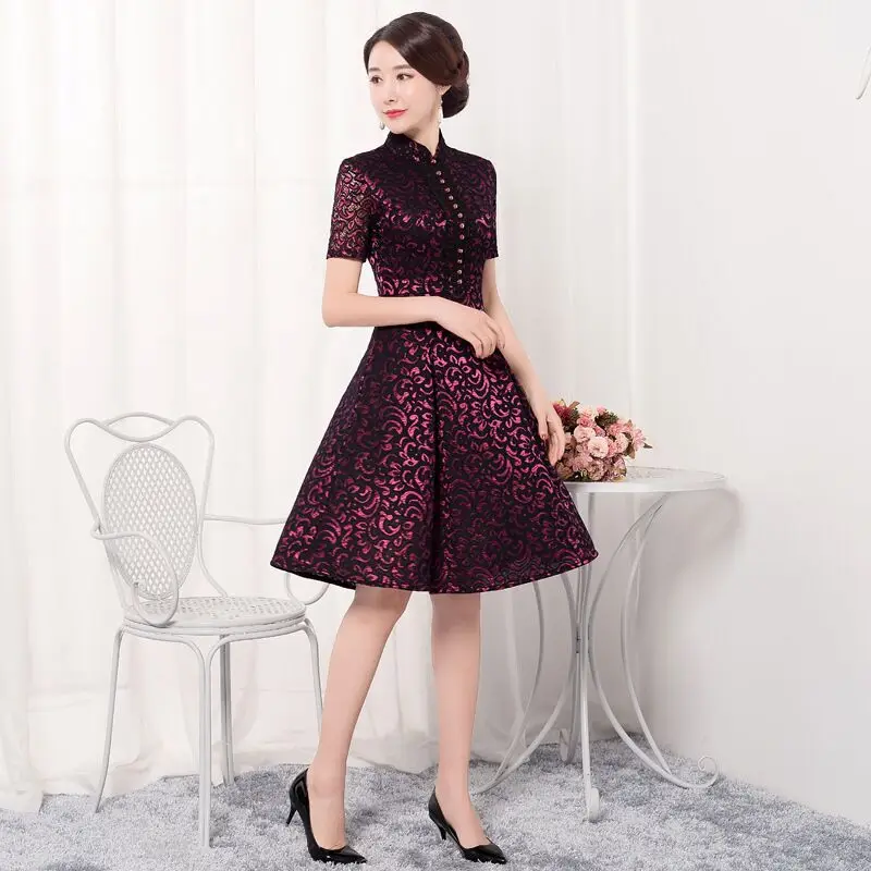 Короткие Стиль бордовый Для женщин 'размеры s и m ini Cheongsam летние китайские кружева Qipao платье новое поступление Vestidos Размеры размеры s m l xl XXL, XXXL 27511A