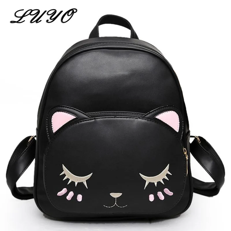 LUYO Cat кожаный Маленький милый рюкзак для девочек Женский черный преппи стиль
