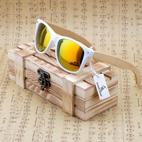 Promotion BOBO BIRD Womens Mens Bamboo Wooden Sunglasses White Frame eyewear With Coating Mirrored UV 400 Lenses in Wooden Box designer sunglasses for women Sunglasses