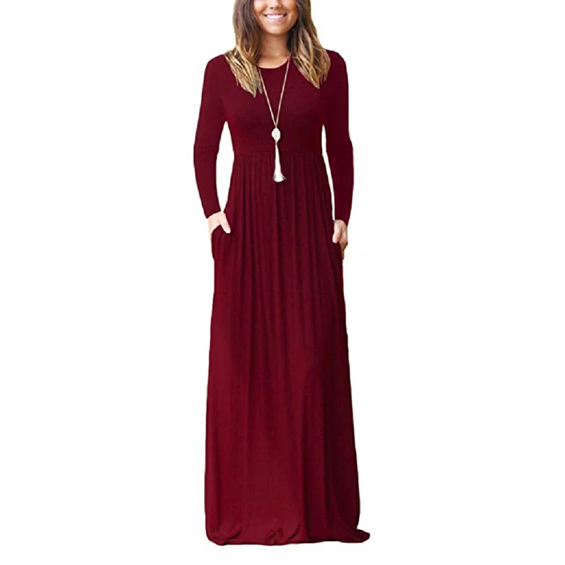 Женское платье размера плюс с карманами, длинное платье макси, однотонное Повседневное платье с длинным рукавом, осенне-зимние женские платья с круглым вырезом, женское платье XXL GV812