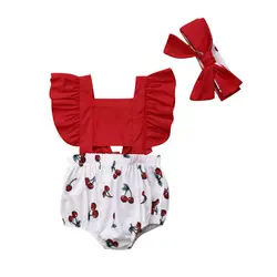 Комплект из 2 предметов для новорожденных девочек; боди пляжный костюм с рюшами с большим бантом и вишенками; летний модный крутой комплект