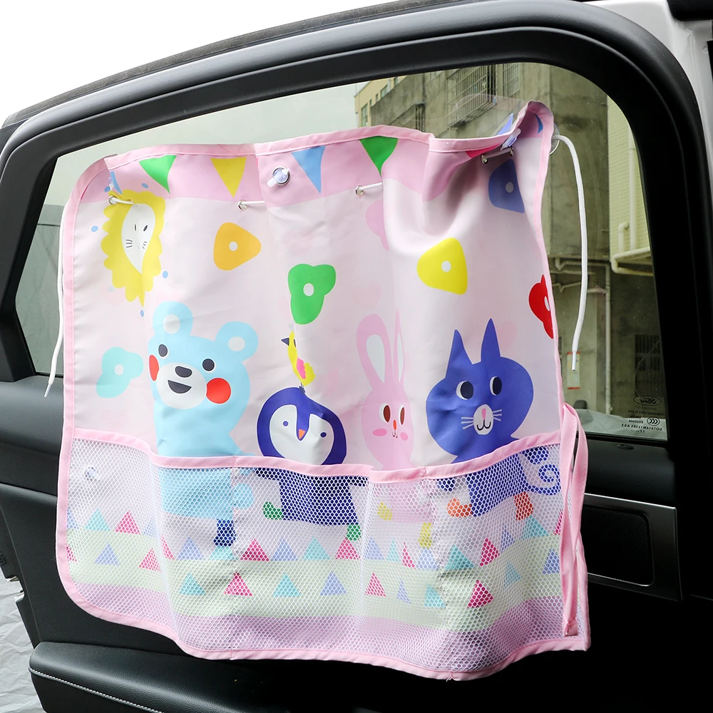 

UV Protection Storage Bag Car Side Window Sun Shade Cartoon Multifunction Auto Sunshades Protector Suction Car Curtain