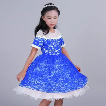 

5 PCS Girls Fashion Blue Lace Patchwork Polyester Mesh Princess Dress Girls Ball Gown Wedding Dress Korean Euro American Dresses