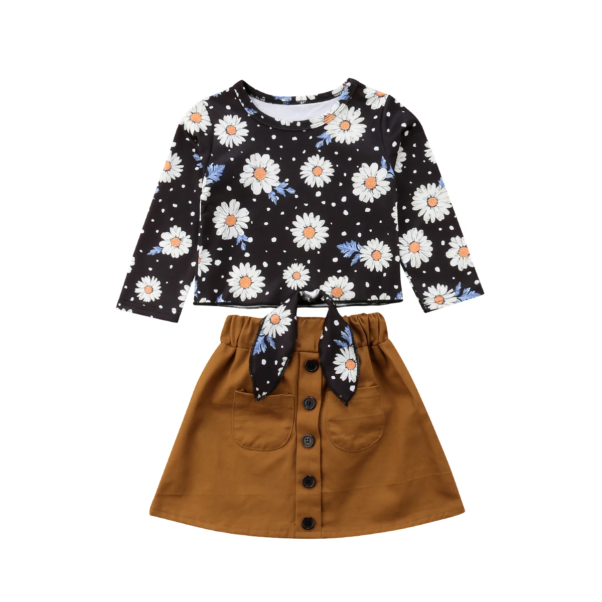 

2PCS Cute Kids Baby Girl Daisy Floral Tops Long Sleeve Shirt Suede Skirt Outfit Clothes Set 1-6Y 2019
