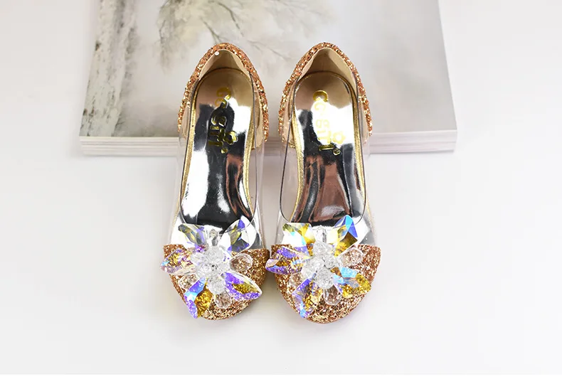 Детская обувь Золушки на высоком каблуке с украшением в виде кристаллов; прозрачная Праздничная обувь принцессы с блестками для девочек; детское платье со стразами для девочек; TX466
