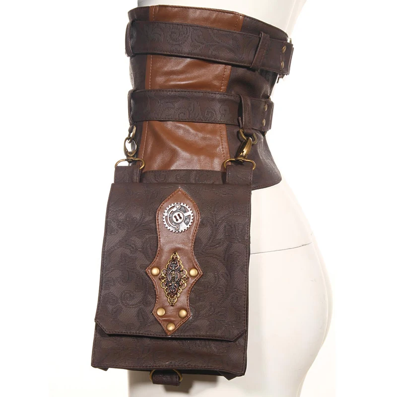 

Punk Retro Gothic Women's Leather Belt with Big Pack Steampunk Lady Brown Waistbands Casual Detachable Multi-purpose Belts