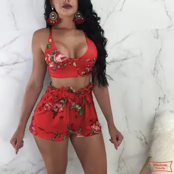 

2019 Floral Print Spaghetti Strap 2 Piece Set Women Elegant Crop Tops Women Suits Summer Style Women Tracksuit Two Pieces Sets
