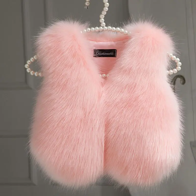 Дети искусственного меха лисы Жилет для девочек утепленный жилет Детская Меховая куртка без рукавов с v-образным вырезом пальто для девочек верхняя одежда TZ268 - Цвет: Pink