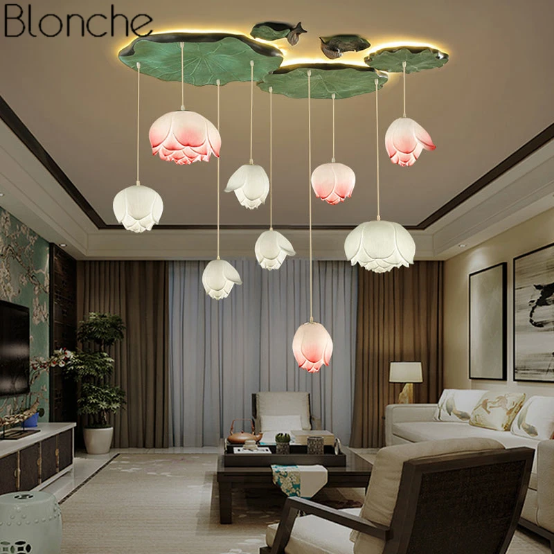 Подвесной светильник в китайском стиле с изображением лотоса, винтажный светодиодный подвесной светильник в стиле ретро, подвесной светильник в виде цветка для столовой, кухни, светильник для домашнего декора