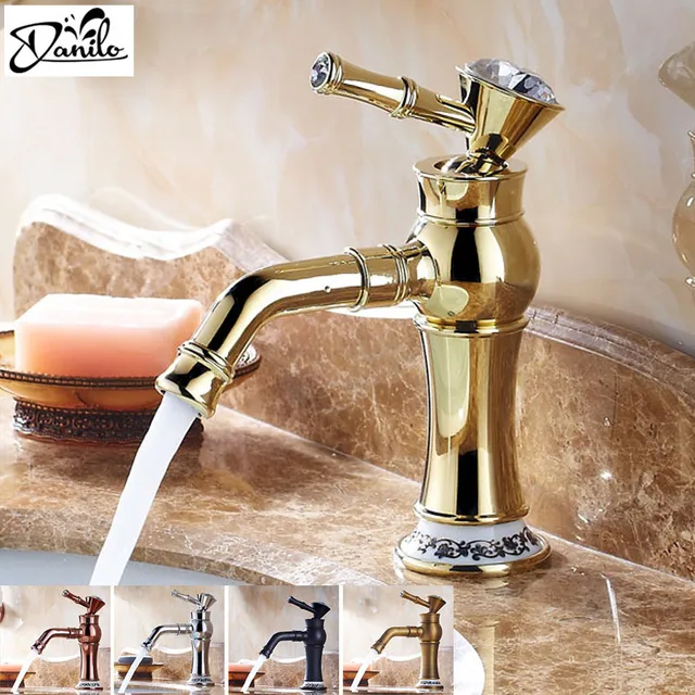 Elegant Modern Luxury Gold Crystal Hot Cold Bathroom Faucet Elegant Modern Luxury Gold Crystal Hot Cold Bathroom Faucet Waterfall Single Hole Basin Deck Mounted