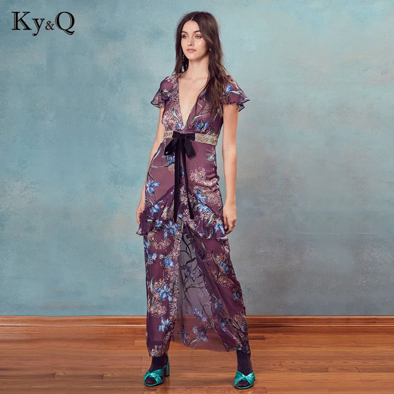 

Vintage Floral Print Purple Long Dress Women 2018 Summer Sexy Deep V Neck Lace up Female Runway Party Dresses Vestidos Clothes