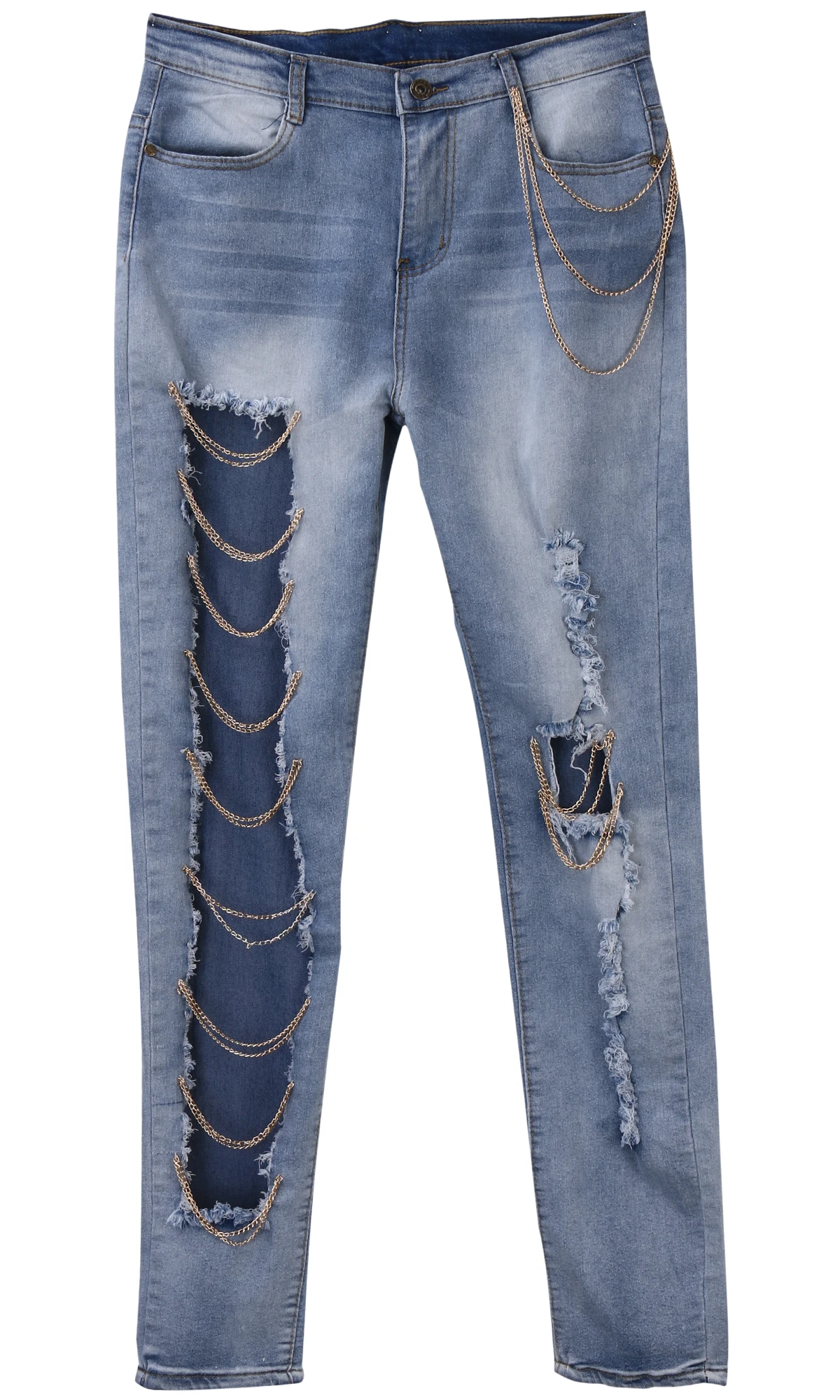 New Fashion Women Sexy Destroyed Ripped Distressed Chain Denim Pants
