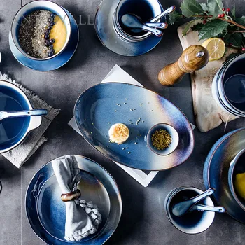

ANTOWALL Nordic Ceramic Tableware Set Rice Noodle Soup Bowl Fish Dish Flat Plate Gradient Blue Dinnerware Set